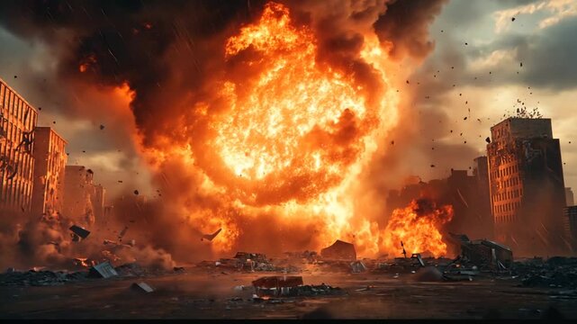 devastating explosion rips through cityscape showcasing destruction and chaos amidst urban ruins backdrop