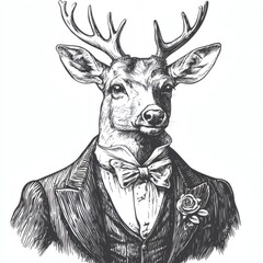 A deer wearing a suit and bow tie