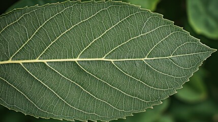 Obraz premium Close-up of a single, green leaf showing detailed veins and texture.