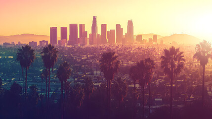 Los Angeles skyline with palm trees in the foreground