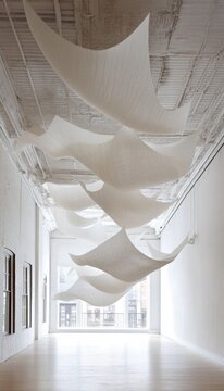 Suspended fabric installation in a minimalist white gallery space.  Soft, flowing forms create a serene atmosphere.