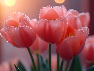 Dewy pink tulips close-up.