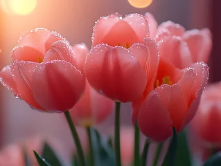 Dewy pink tulips close-up.