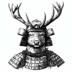 Fototapeta premium A deer with antlers on its head is wearing a samurai helmet