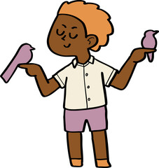 hand drawn cute cartoon character of a child petting his bird