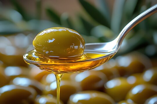 Spoonful of Golden Olive Oil Dripping with Green Olives Background