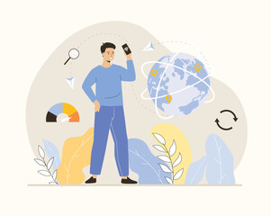 Wireless technology concept. Wi-fi connection, Internet communication, networking. Man uses smartphone to access global Internet. Flat vector illustration.