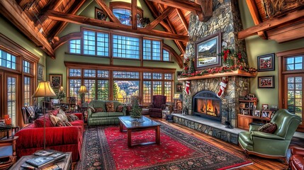 Naklejka premium Mountain Lodge Christmas Living Room.