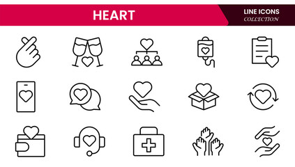 Heart, love, care, help, charity, and donation outline icons are set isolated on a white background in a flat vector illustration.
