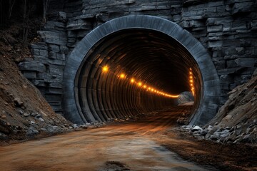 Fototapeta premium A massive tunnel being dug underground, construction lights casting an eerie glow inside