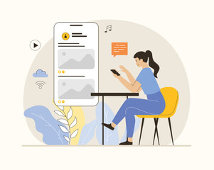 Wireless technology concept. WiFi network communication. Sending files, uploading and downloading content on social media. Flat vector illustration.