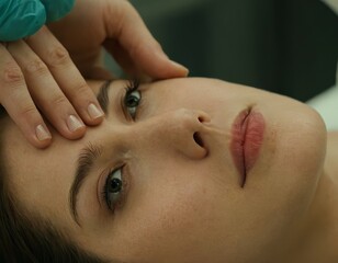 Close-up of a young Caucasian woman receiving a beauty treatment.