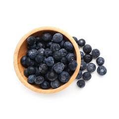 Wooden bowl with fresh blueberry on white background