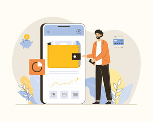 Digital wallet, paying system, electronic wallet, money transfer application. Mobile banking concept. Flat vector illustration.