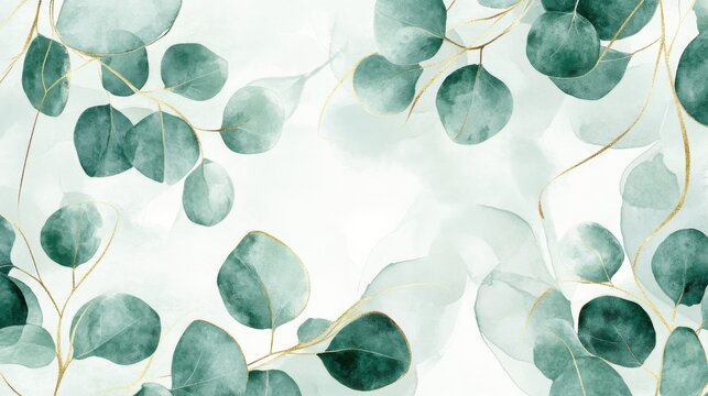 Green eucalyptus twigs watercolor on light Background for wallpaper, invitation, greeting banners