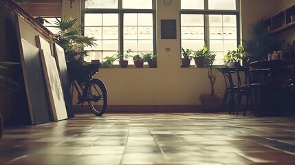 A bicycle leans near paintings and plants in the sunlight