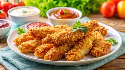 Fototapeta premium Crispy Fried Chicken Strips Served with Various Dipping Sauces