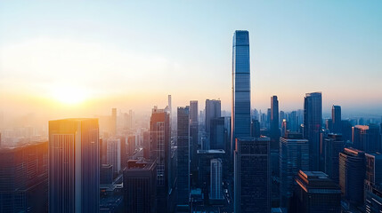 Fototapeta premium Aerial View Of A Modern City Skyline At Sunset With High Rise Buildings And Golden Light Illuminating The Urban Landscape