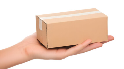 Close Up Realistic Image of a Human Hand Presenting a Small Cardboard Box for Delivery Isolated Against Transparent Background Showcasing Brown Package and Holding Gesture