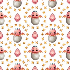 Seamless children's pattern with a charming pink dragon in a shell, stars and crystals on a white background.