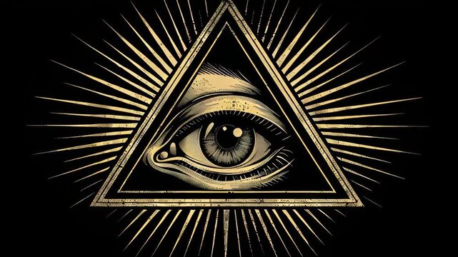 video of All-Seeing Eye, an Illuminati symbol within a triangle surrounded by rays of light, designed as a tattoo and isolated on a black background