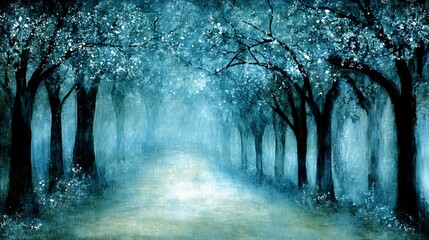 A misty forest path winds between the tall dark trees