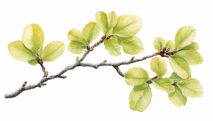 Obraz premium Watercolor illustration of a tree branch with young, delicate green leaves