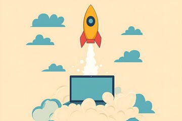 Rocket Launch for Laptop Startup, Cloud.