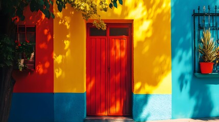 Red door creating colorful contrast on a vibrant building facade
