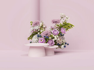 3D podium display, pastel pink background with rose flowers. Peonies flower and palm leaf shadow. Minimal pedestal for beauty, cosmetic product. Valentine, feminine copy space template 3d render