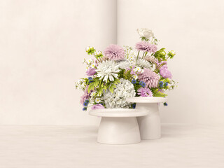 3D podium display, pastel pink background with rose flowers. Peonies flower and palm leaf shadow. Minimal pedestal for beauty, cosmetic product. Valentine, feminine copy space template 3d render