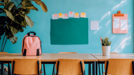 Back to School Concept: Classroom setup with desk, chair, pink backpack and green chalkboard, ready for students, a clean and bright interior