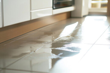 キッチン, 床, フローリング, タイル, 水, 水漏れ, 水道トラブル, 故障, 欠陥, Kitchen, Floor, Flooring, Tile, Water, Leak, Water Trouble, Failure, Defect