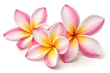 Three pink plumeria flowers isolated on white background