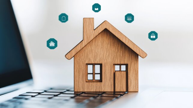 Smart Solutions for Real Estate Management and Growth. Digital virtual real estate concept with wooden house on laptop, representing modern property management. - Powered by Adobe