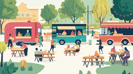 Flat vector illustration of a lively food truck park, with colorful trucks, people eating, and picnic tables scattered around.