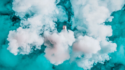 Ethereal vapor composition: a dense white smoke cloud engulfing a metal container against a teal cyan backdrop, abstract vapor art
