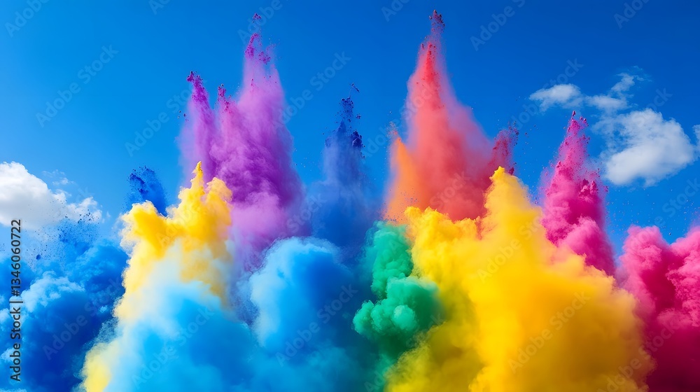 Aufkleber colorful smoke bombs exploding in the blue sky creating a rainbow effect