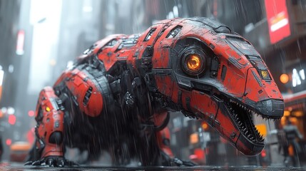 Futuristic robotic dinosaur prowling through a rainy urban landscape, with neon lights illuminating the scene