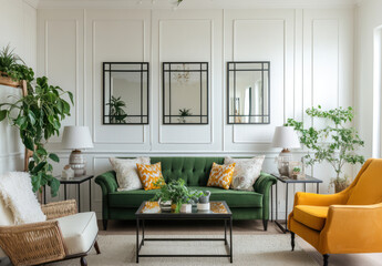 Fototapeta premium Modern Living Room with Stylish Furniture and Decorative Mirrors