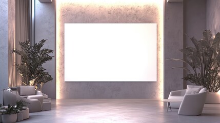 Stylish gallery room with a blank white screen in 3D, soft lighting, and a minimalist design ideal for business presentations