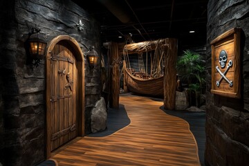 A pirate-themed amusement park section, complete with a large pirate ship ride and treasure hunt games