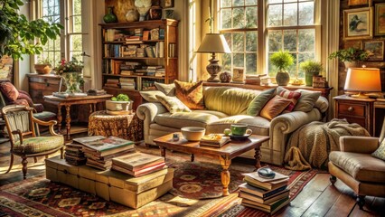 Cozy Living Room with Bookshelves and Natural Light in Warm Tones