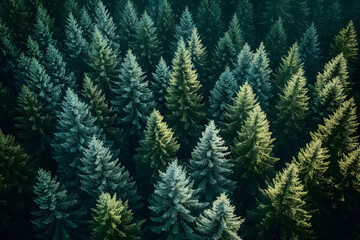 Fototapeta premium Healthy green trees in a forest of old spruce, fir and pine