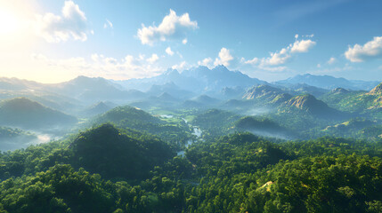 Naklejka premium Majestic Mountain Vista with Lush Forests and Serene Horizon under Golden Sunlight