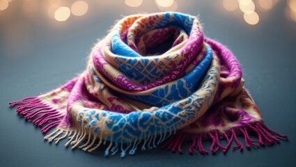 Obraz premium Colorful scarf wrapped elegantly on a textured surface with blurred lights in the background