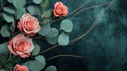 Floral background with pink bouquet of roses and eucalyptus leaves, golden lines on dark backdrop with copy space for greeting text with birthday, wedding, invitation