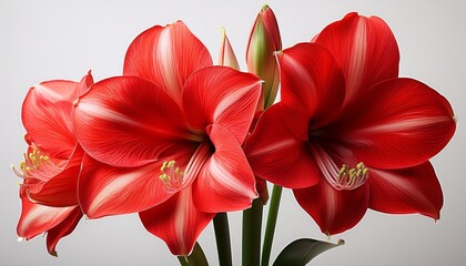 close up of elegant red amaryllis flowers on white background