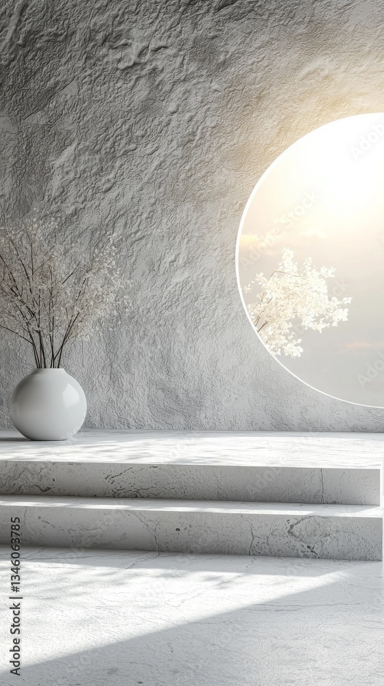 Poster soft sunlight fills the serene indoor area, casting gentle shadows on the minimalist stone steps. a 