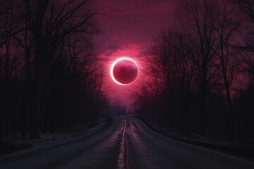 A blood red eclipse over a lonely road in a winter forest